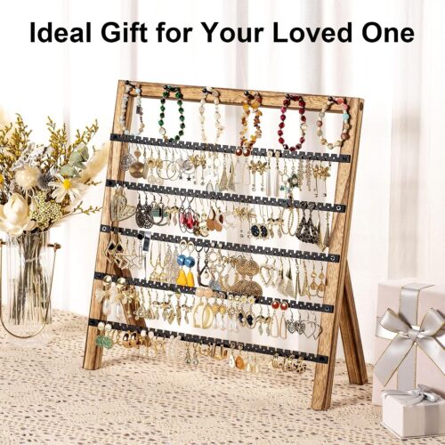 Emfogo Earring Holder Organizer, 6 Tier Earring Display Stand with 285 Holes & 6 Bracelet Rods, Rustic Wood Jewelry Organizer for Earring Bracelet Necklace Ring, Gifts for Women