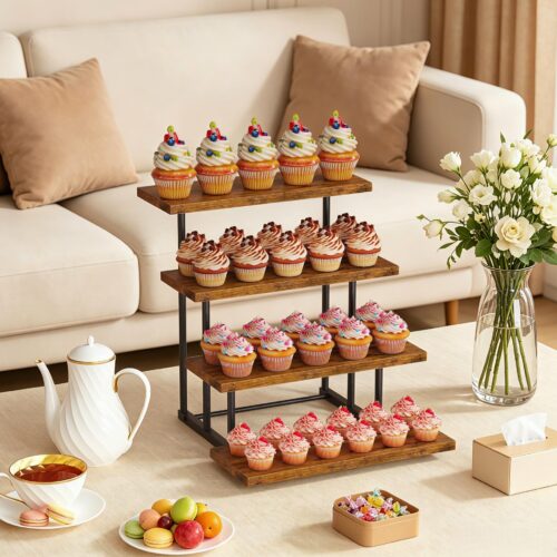 Emfogo Wooden Cupcake Display Stand, 4 Tier Rectangular Tiered Dessert Stands, Cupcake Display Risers for Vendor Booth Dessert Table Party Wood Serving Tray for Cup Cake Cookie Foo