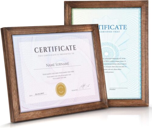 Emfogo Certificate Frames 8.5 x 11 Picture Frames Diploma Frame with Stand Rustic Wood Document Frame with High Definition Glass for Wall or Tabletop Display Set of 2 Carbonized
