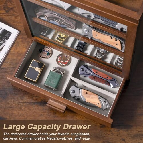 Emfogo Pocket Knife Display Case for 25 Knives, Large Wooden knife Cases for Collections, Vertical Knife Storage Case with Acrylic transparent panel for Men Gifts