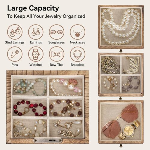 Emfogo Jewelry Boxes for Women, 5 Layer Large Wooden Jewelry Organizer Box with Lock, Mirror & Drawers, Jewelry Boxes & Organizers for Necklaces Earrings Rings Bracelets
