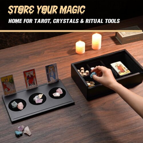 Emfogo Wooden Tarot Card Holder - Slide-Top Lid with 2 Card Slots Holds 8 Cards & Displays Crystals, Multi-Compartment Organizer for Jewelry, Trinket, Keepsake, Witchcraft Supplies