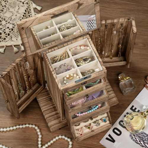 Emfogo Jewelry Boxes for Women, 5 Layer Large Wooden Jewelry Organizer Box with Lock, Mirror & Drawers, Jewelry Boxes & Organizers for Necklaces Earrings Rings Bracelets