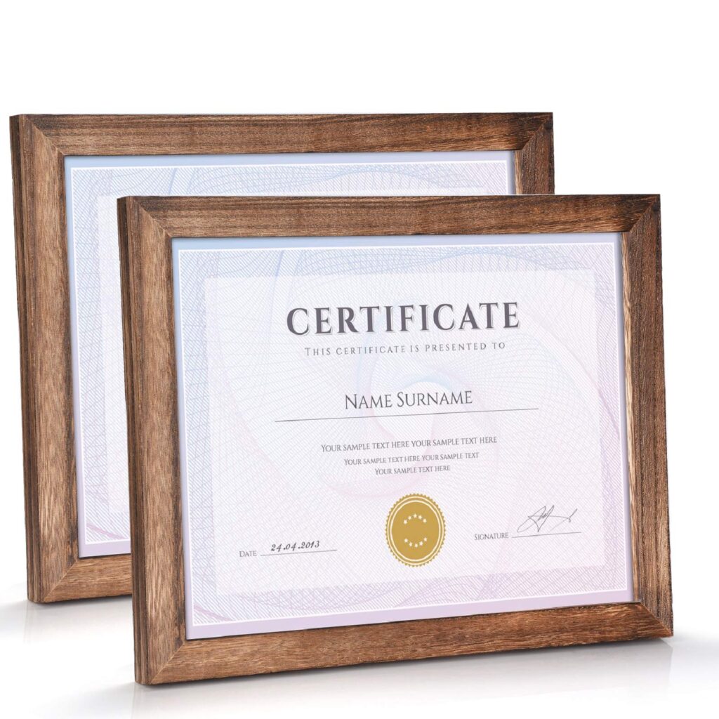 Emfogo Certificate Frames 8.5 x 11 Picture Frames Diploma Frame with Stand Rustic Wood Document Frame with High Definition Glass for Wall or Tabletop Display Set of 2 Carbonized