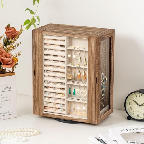 Emfogo 360° Rotating Jewelry Box for Women, Rustic Wooden Jewelry Organizer Box with 5 Drawers, Glass Doors, Vertical Open Design Jewelry Storage Case Display for Earrings Rings
