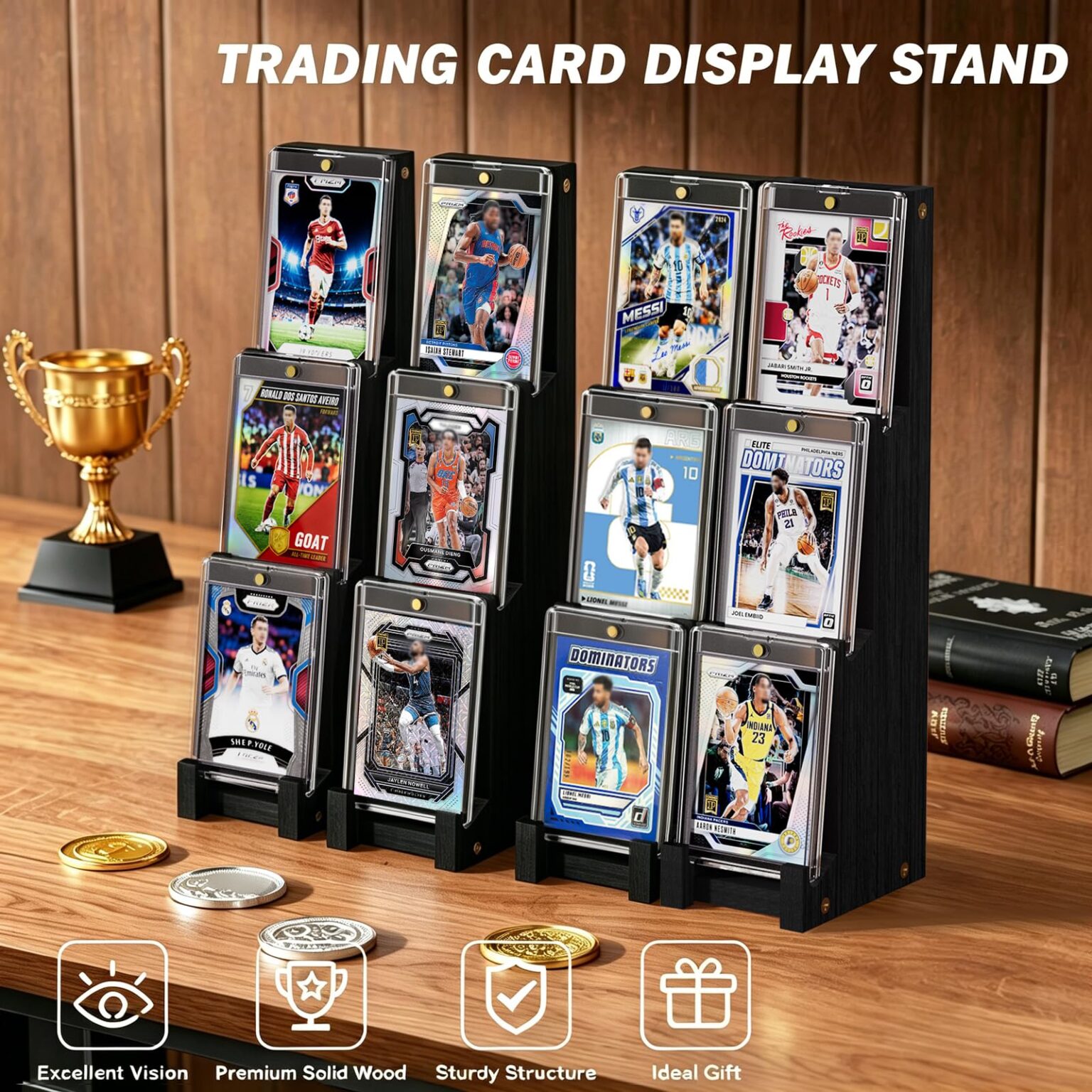 Emfogo Card Display Stand (4 Pack), Wooden 3 Tier Sports Graded Card Display, Trading Card Display Stand for Sports Card Collection & Show, Black