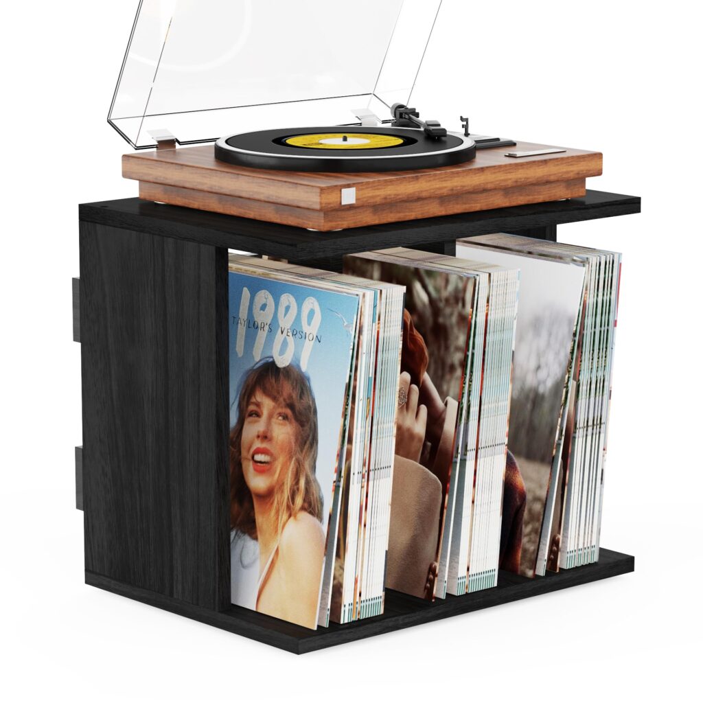 Emfogo Vinyl Record Storage, Record Player Stand Wall Mount Up to 80-100 Albums, 3-Compartment Vinyl Record Holder, Black