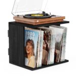 Emfogo Vinyl Record Storage, Record Player Stand Wall Mount Up to 80-100 Albums, 3-Compartment Vinyl Record Holder, Black