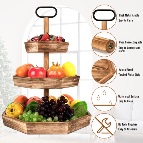 Emfogo Tiered Tray, Wood 3 Tier Farmhouse Decorative Tray for Cakes Cupcakes Desserts Fruits, Serving Tray Stand for Party Wedding Home Decor