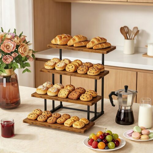 Emfogo Wooden Cupcake Display Stand, 4 Tier Rectangular Tiered Dessert Stands, Cupcake Display Risers for Vendor Booth Dessert Table Party Wood Serving Tray for Cup Cake Cookie Foo