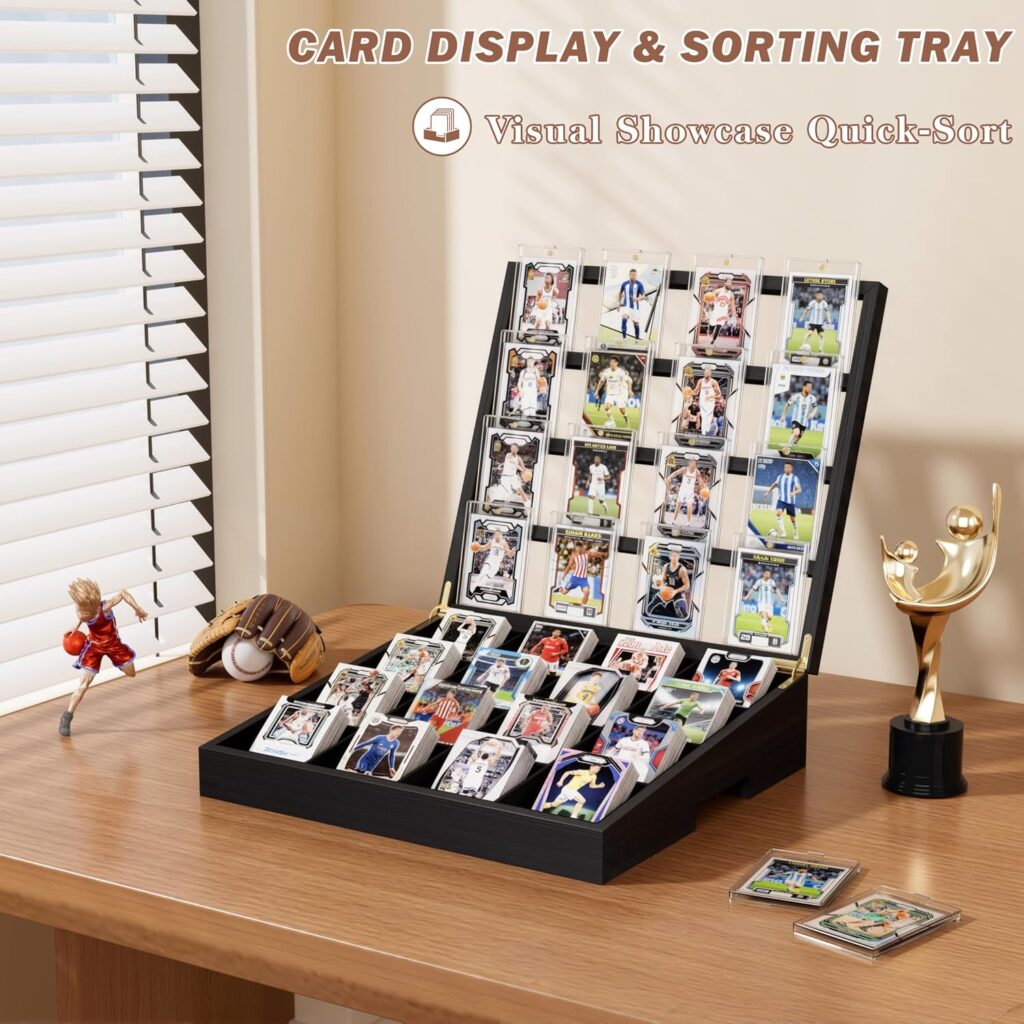 Emfogo 16-Cell Card Sorting Tray with Trading Card Display Stand, Black