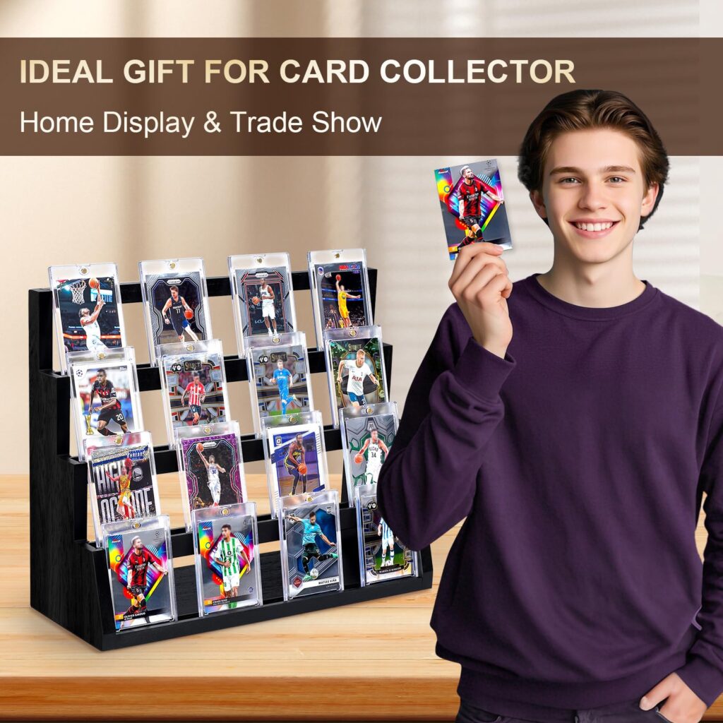 Emfogo Card Display Stand, 4-Tier Trading Card Display with Solid Base, Wooden Graded Sports Card Display, Trading Card Display Stand for Card Collection & Show