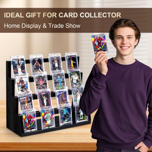 Emfogo Card Display Stand, 4-Tier Trading Card Display with Solid Base, Wooden Graded Sports Card Display, Trading Card Display Stand for Card Collection & Show