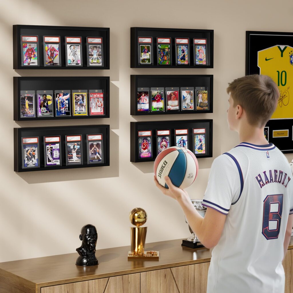 Emfogo Card Display Case, Trading Card Display Frame Wall Mount, Wooden Baseball Card Display Case with Clear View, Graded Sports Card Display for Trading Card Collection