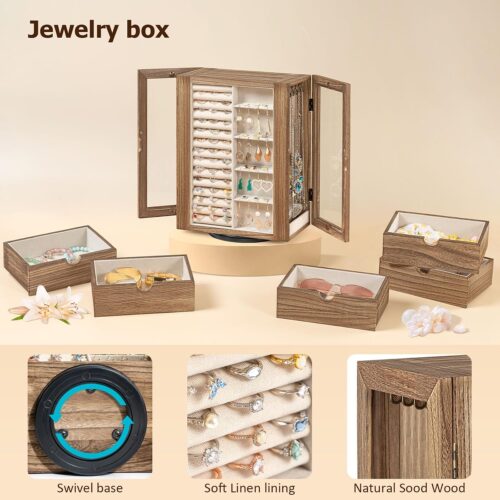Emfogo 360° Rotating Jewelry Box for Women, Rustic Wooden Jewelry Organizer Box with 5 Drawers, Glass Doors, Vertical Open Design Jewelry Storage Case Display for Earrings Rings