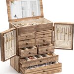 Emfogo Jewelry Box for Women Wooden Jewelry Boxes & Organizers 5-Layer Rustic Large Jewelry Organizer Box with Mirror & 8 Drawers for Rings Earrings Necklaces Bracelets Women Girls