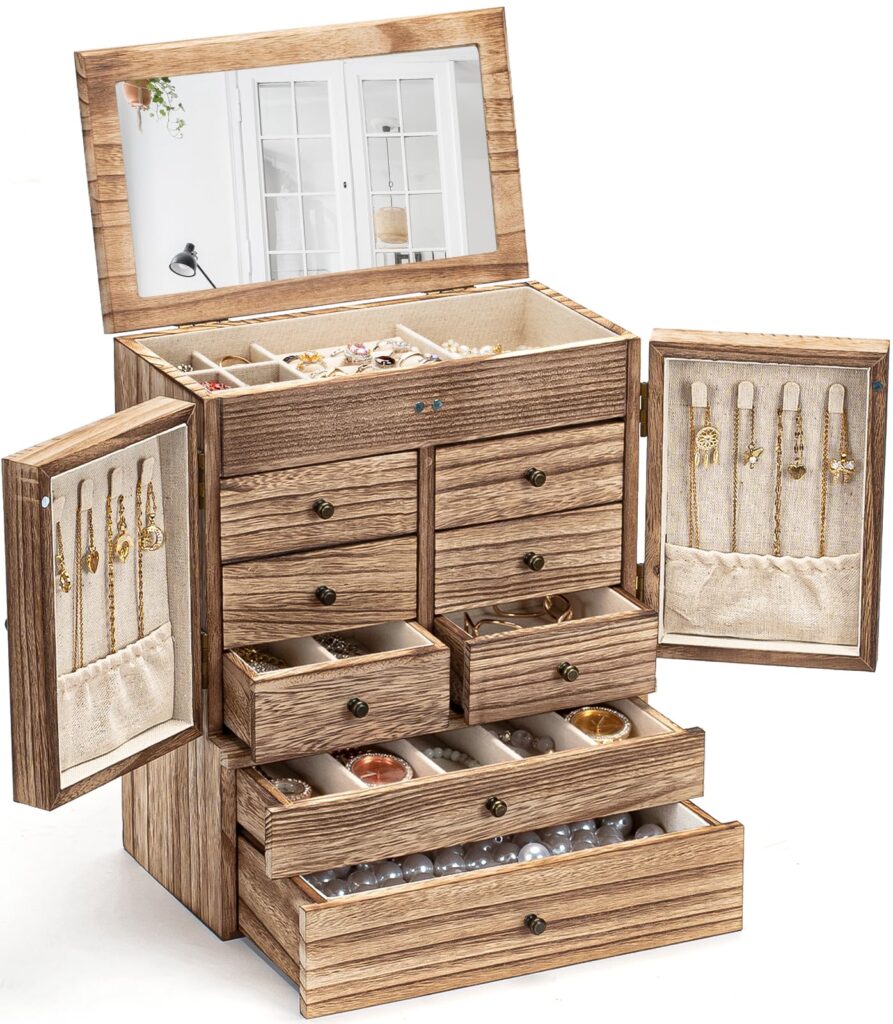 Emfogo Jewelry Box for Women Wooden Jewelry Boxes & Organizers 5-Layer Rustic Large Jewelry Organizer Box with Mirror & 8 Drawers for Rings Earrings Necklaces Bracelets Women Girls