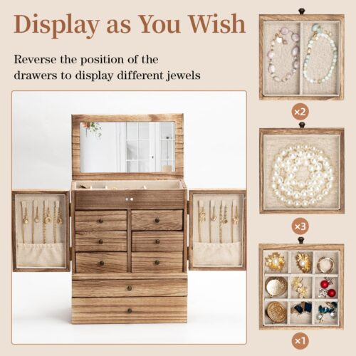 Emfogo Jewelry Box for Women Wooden Jewelry Boxes & Organizers 5-Layer Rustic Large Jewelry Organizer Box with Mirror & 8 Drawers for Rings Earrings Necklaces Bracelets Women Girls