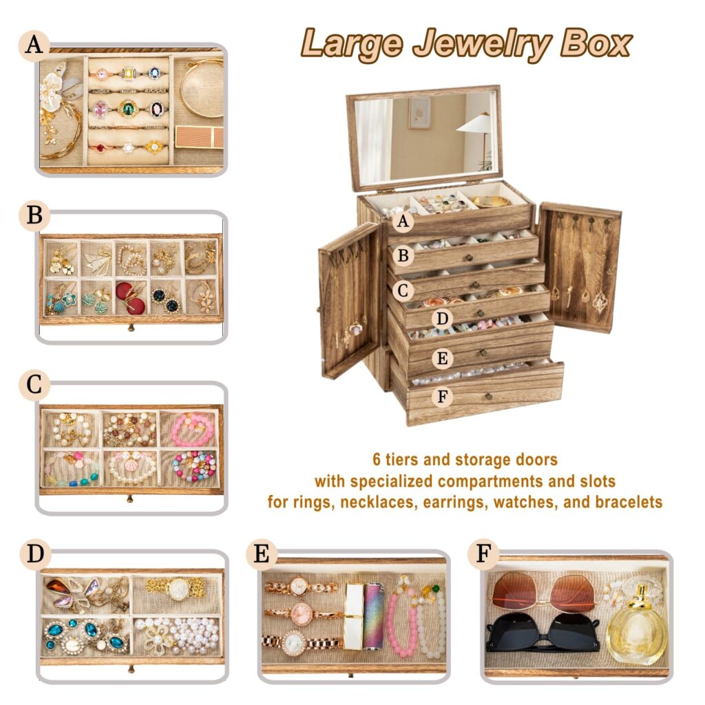 Emfogo Wooden Jewelry Box for Women, 6-Tier Large Jewelry Organizer Boxes with Mirror Rustic Solid Wood jewlery Storage Display for Rings Earrings Necklaces Bracelets watches