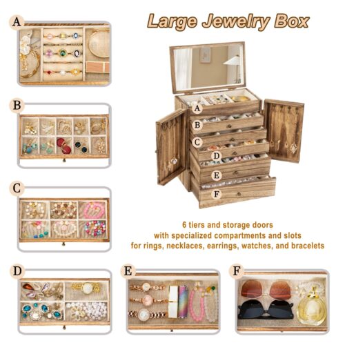 Emfogo Wooden Jewelry Box for Women, 6-Tier Large Jewelry Organizer Boxes with Mirror Rustic Solid Wood jewlery Storage Display for Rings Earrings Necklaces Bracelets watches