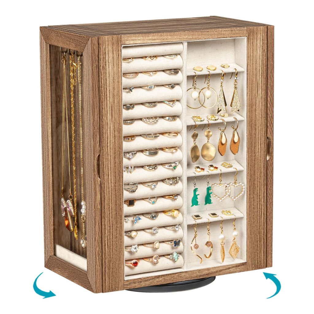 Emfogo 360° Rotating Jewelry Box for Women, Rustic Wooden Jewelry Organizer Box with 5 Drawers, Glass Doors, Vertical Open Design Jewelry Storage Case Display for Earrings Rings