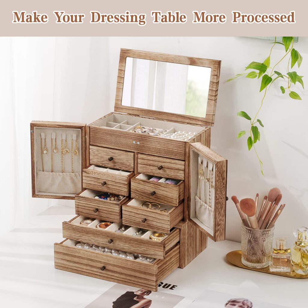 Emfogo Jewelry Box for Women Wooden Jewelry Boxes & Organizers 5-Layer Rustic Large Jewelry Organizer Box with Mirror & 8 Drawers for Rings Earrings Necklaces Bracelets Women Girls