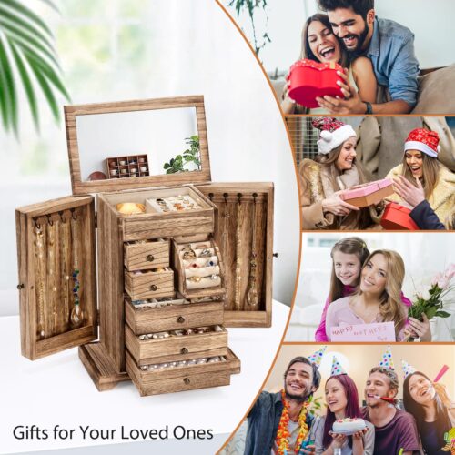 Yoimori Jewelry Box for Women, Rustic Wooden Jewelry Organizer Box with Mirror, 6 Layer Jewelry Boxes for Necklaces Earrings Bracelets Rings - Carbonized Black