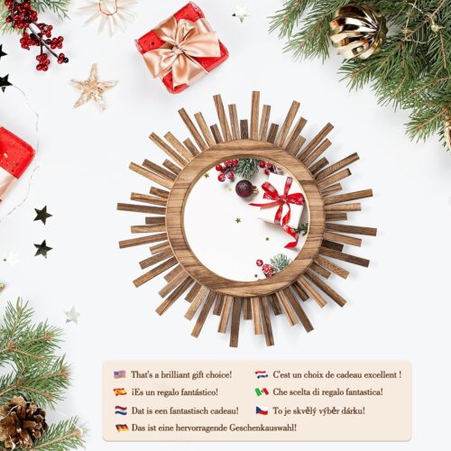Emfogo 12 Inch Boho Sunburst Mirror, Round Wooden Wall Decor Starburst Sun Mirror for Bedroom, Living Room, Bathroom, Hallway, Balcony, Farmhouse Entryway, Housewarming