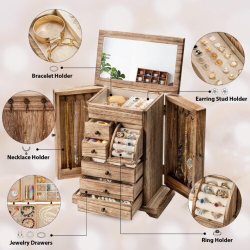Yoimori Jewelry Box for Women, Rustic Wooden Jewelry Organizer Box with Mirror, 6 Layer Jewelry Boxes for Necklaces Earrings Bracelets Rings - Carbonized Black