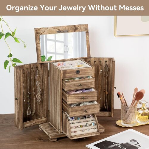 Emfogo Jewelry Boxes for Women, 5 Layer Large Wooden Jewelry Organizer Box with Lock, Mirror & Drawers, Jewelry Boxes & Organizers for Necklaces Earrings Rings Bracelets