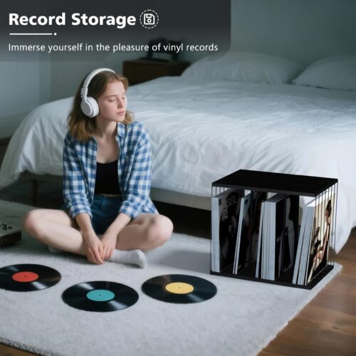 Emfogo Vinyl Record Storage, Metal & Wooden Vinyl Record Holder Up to 80 Album, 3-Compartment Record Player Stand for Magazine, Book, Files, Albums