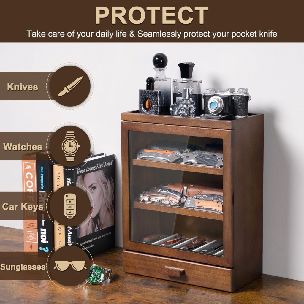 Emfogo Pocket Knife Display Case for 25 Knives, Large Wooden knife Cases for Collections, Vertical Knife Storage Case with Acrylic transparent panel for Men Gifts