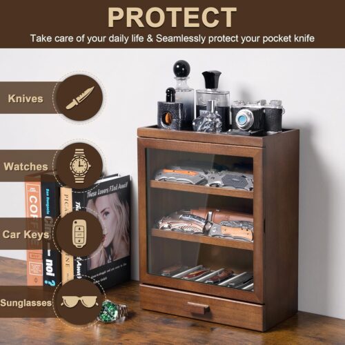Emfogo Pocket Knife Display Case for 25 Knives, Large Wooden knife Cases for Collections, Vertical Knife Storage Case with Acrylic transparent panel for Men Gifts