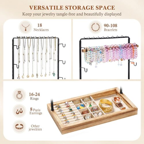 Emfogo Jewelry Organizer Stand, 5 Layer Wood & Metal Bracelet Holder with Necklace Holder Pole, Large Capacity Jewelry Display Holder for Bracelets Necklaces Rings Watches