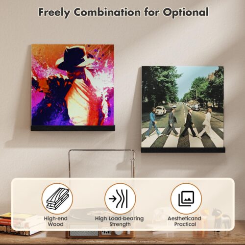 Emfogo Vinyl Record Shelf Wall Mount, 6 Pack Album Record Holder Wall, 12 inch Vinyl Record Storage Shelves Wall, Wood Record Display for Living Room