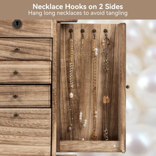 Emfogo Jewelry Boxes for Women, 5 Layer Large Wooden Jewelry Organizer Box with Lock, Mirror & Drawers, Jewelry Boxes & Organizers for Necklaces Earrings Rings Bracelets