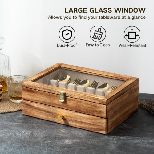 Emfogo Wooden Silverware Storage Box - 2 Layer Carbonized Black