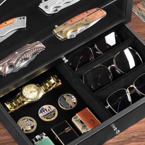 Emfogo Pocket Knife Display Case, Large Knife Collection Box for Folding Knives & EDC Gear, Solid Wood Knife Organizer with Transparent Lid & Drawer, Collector-Grade Gift for Men