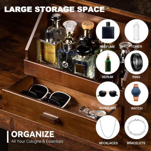 Emfogo Cologne Organizer for Men - Dustproof Stand with Drawer, Wood Perfume Stand Organizer for Dresser, Large Capacity Cologne Holder Display, Great Gift for Men