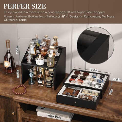 Emfogo Cologne Organizer for Men, Large-Capacit Perfume Organizer for Men with 2-in-1 Design, 3-tier Cologne Stand, Wood Perfume Holders, Cologne Storage Display with Spacious