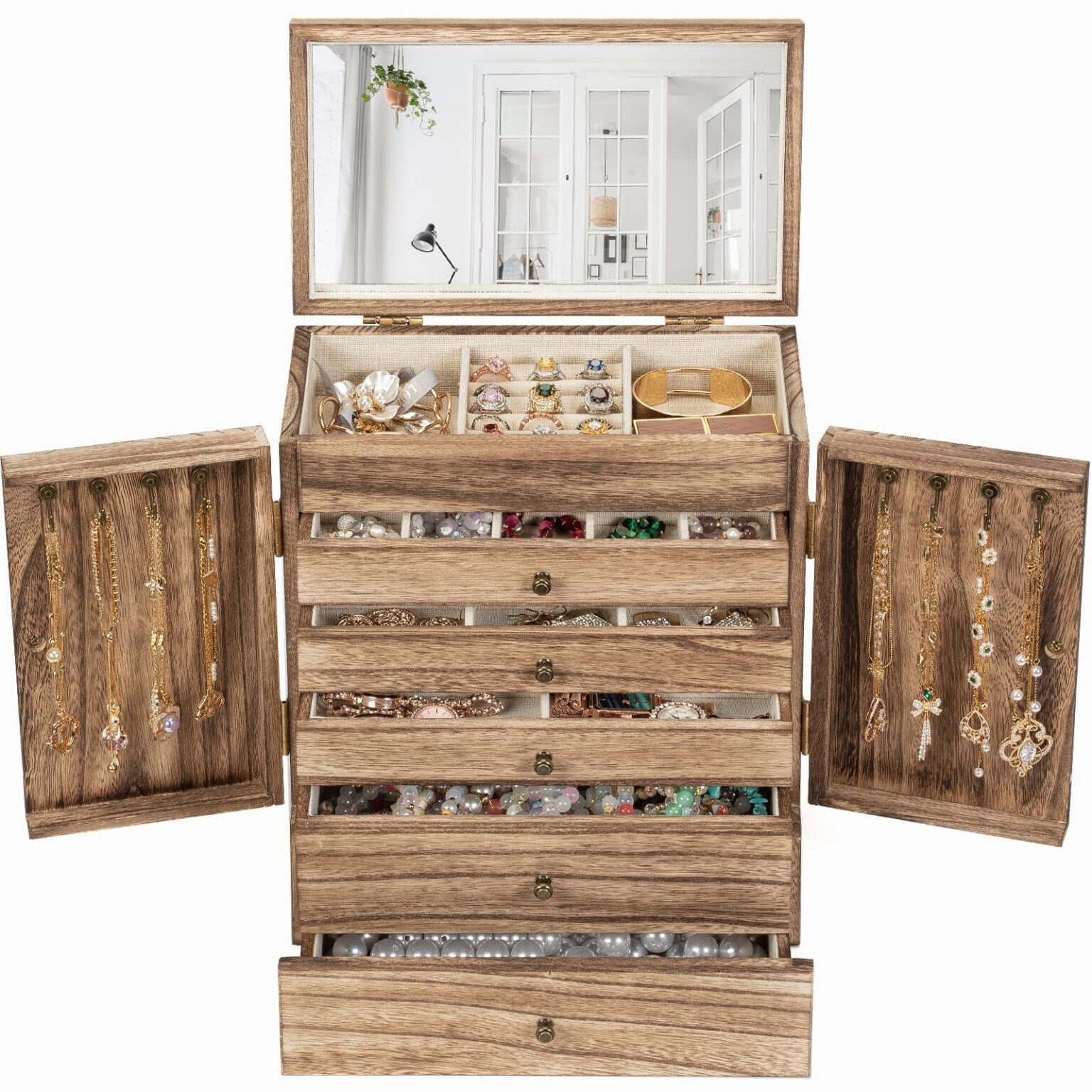 Emfogo Wooden Jewelry Box for Women, 6-Tier Large Jewelry Organizer Boxes with Mirror Rustic Solid Wood jewlery Storage Display for Rings Earrings Necklaces Bracelets watches