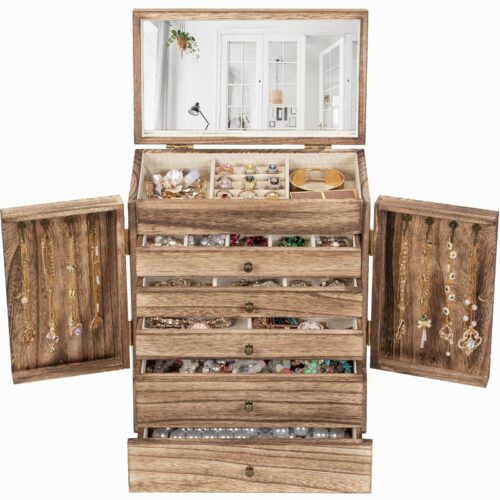 Emfogo Wooden Jewelry Box for Women, 6-Tier Large Jewelry Organizer Boxes with Mirror Rustic Solid Wood jewlery Storage Display for Rings Earrings Necklaces Bracelets watches