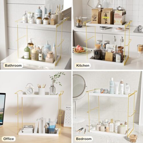Emfogo Perfume Organizer for Women, 2 Tier Wooden and Metal Cologne Organizer for Men, Large Capacity Perfume Stand Holder Tray for Vanity Bathroom Countertop Organizers and