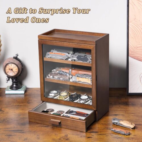 Emfogo Pocket Knife Display Case for 25 Knives, Large Wooden knife Cases for Collections, Vertical Knife Storage Case with Acrylic transparent panel for Men Gifts
