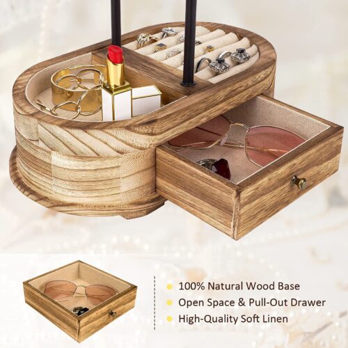 Emfogo Jewelry Organizer Tree Stand Wood Basic Jewelry Drawer Storage Box with Double Rods & 3 Tier Jewelry Holder Bracelet Organizer Necklaces Earring Ring Display