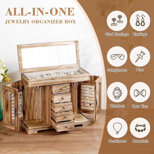 Emfogo Jewelry Box for Women Girls, Rustic Wooden Jewelry Organizer Box with Mirror, 5 Layer Jewelry Storage Case Display for Necklaces Earrings Rings Bracelets Valentine's Day