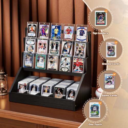 Emfogo Trading Card Display, 3-Tier Card Display Stand with 5-Row Storage, Wooden Graded Card Display, Large Capacity Sports Cards Display Case for Cards Game Collection - Black