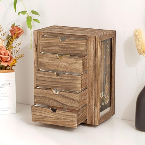 Emfogo 360° Rotating Jewelry Box for Women, Rustic Wooden Jewelry Organizer Box with 5 Drawers, Glass Doors, Vertical Open Design Jewelry Storage Case Display for Earrings Rings