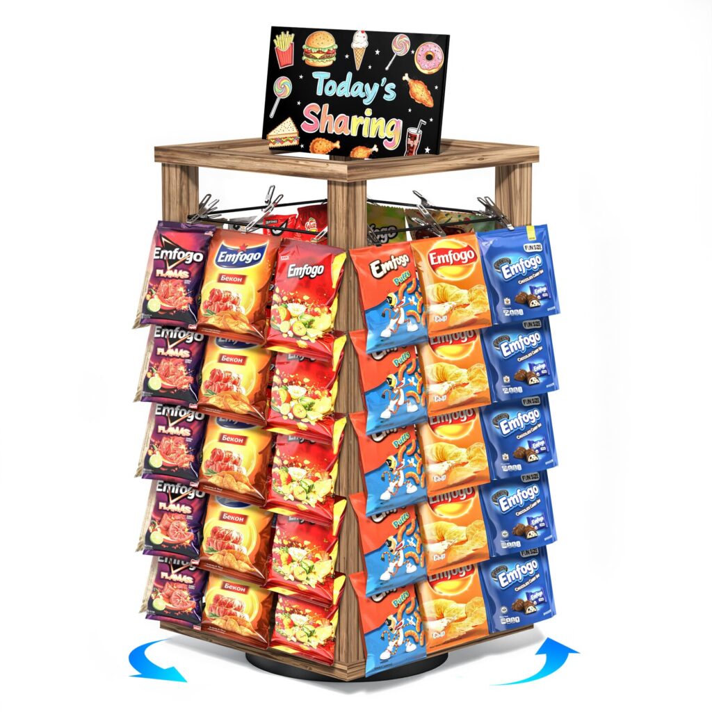 Emfogo Chip Rack Display Stand, 5-Tier Snack Rack with 50 Movable Clips