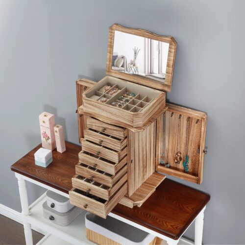 Emfogo Jewelry Box for Women, Rustic Wooden Jewelry Boxes & Organizers with Mirror, 4 Layer Jewelry Organizer Box Display for Rings Earrings Necklaces Bracelets